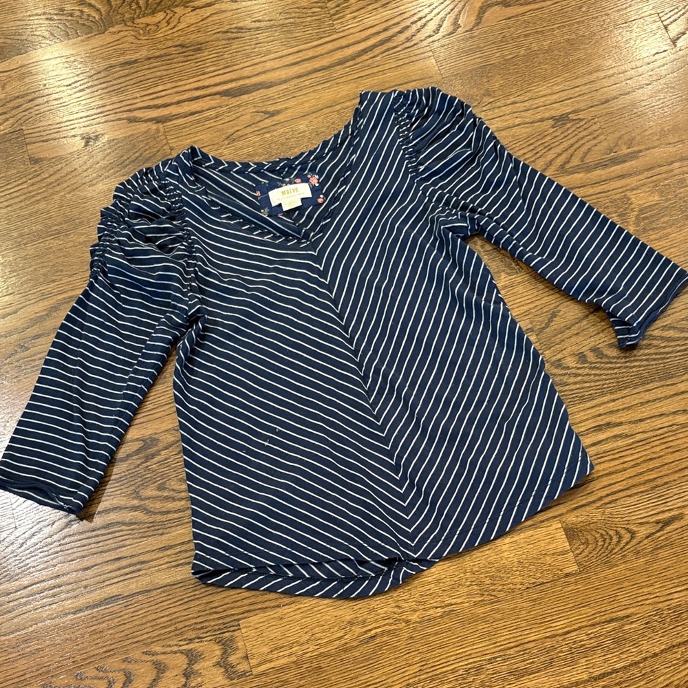 Anthropologie Maeve Navy Stripe V-Neck Top, Ruched Shoulders, 3/4 sleeves, XS